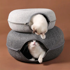 “Premium Grey Felt Donut Cat Bed & Cave – Enclosed Cat Sleep Pod