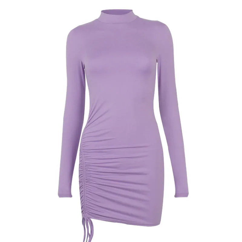 Long Sleeve Ruched Bodycon Dress Women Turtleneck Bandage Mini Dresses Autumn Black Skinny Stretchy Party Vestidos  best stomach exercises for women dresses clothing clothing store women clothing  wedding guest dresses plus size clothing  jeans jeans
