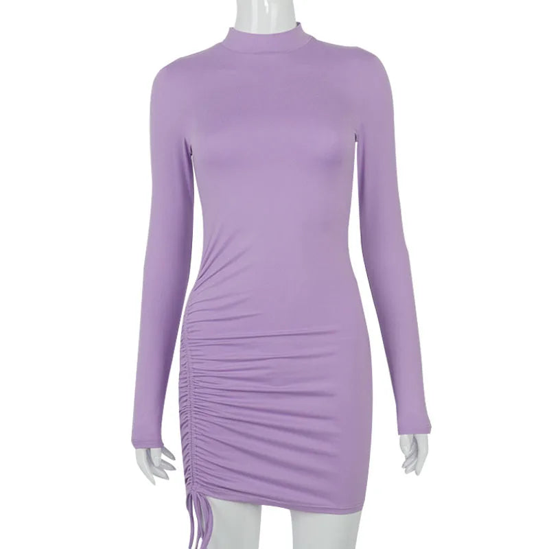 Long Sleeve Ruched Bodycon Dress Women Turtleneck Bandage Mini Dresses Autumn Black Skinny Stretchy Party Vestidos  best stomach exercises for women dresses clothing clothing store women clothing  wedding guest dresses plus size clothing  jeans jeans