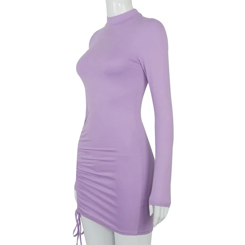Long Sleeve Ruched Bodycon Dress Women Turtleneck Bandage Mini Dresses Autumn Black Skinny Stretchy Party Vestidos  best stomach exercises for women dresses clothing clothing store women clothing  wedding guest dresses plus size clothing  jeans jeans