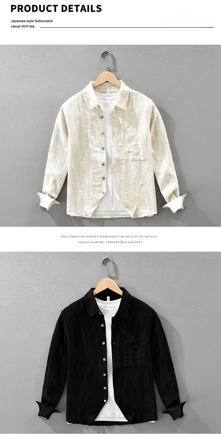 2025 Autumn New Big Pocket Striped Cotton and Linen Long Sleeve Shirt for Men Clothing Comfort Turn-down Collar Tops  CM7715