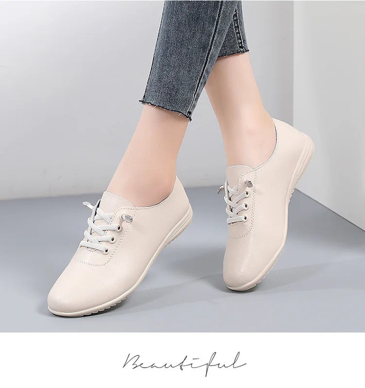 WOIZGIC Female Ladies Women's Genuine Leather Flats Shoes Loafers Soft Moccasins Lace Up Comfortable