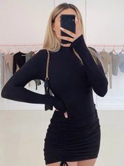 Long Sleeve Ruched Bodycon Dress Women Turtleneck Bandage Mini Dresses Autumn Black Skinny Stretchy Party Vestidos  best stomach exercises for women dresses clothing clothing store women clothing  wedding guest dresses plus size clothing  jeans jeans