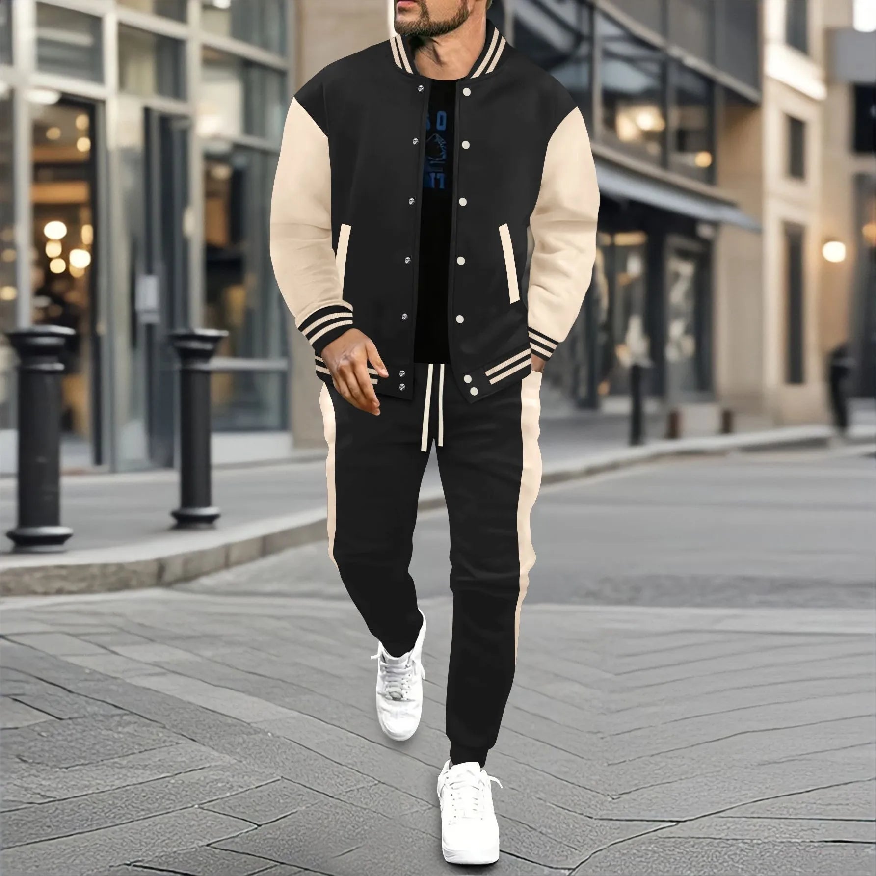 Men's new autumn and winter baseball jacket casual and versatile cardigan coat and color-block sport pants set