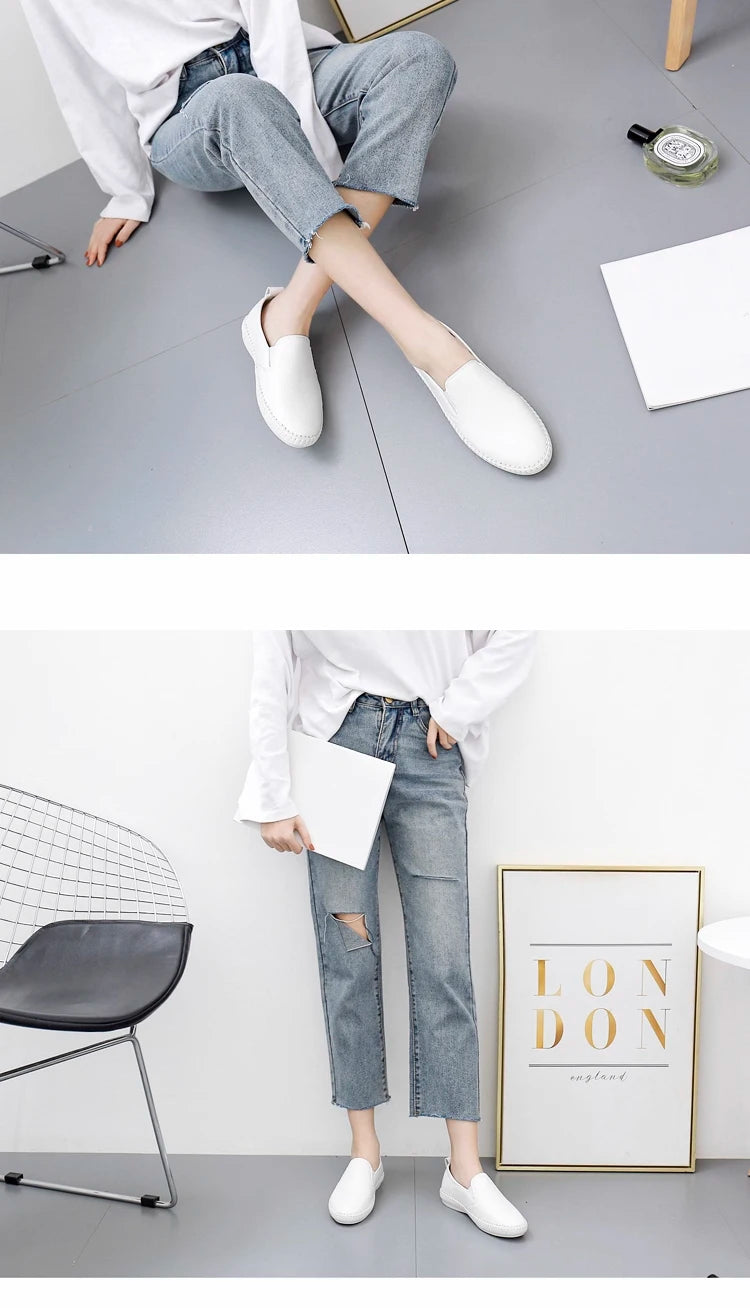 Women's shoes, white shoes, women's leather breathable lazy shoes, soft-soled Lok Fu shoes, women's flat-bottomed white leisure
