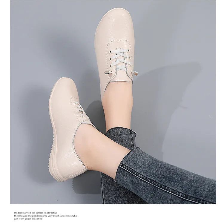WOIZGIC Female Ladies Women's Genuine Leather Flats Shoes Loafers Soft Moccasins Lace Up Comfortable