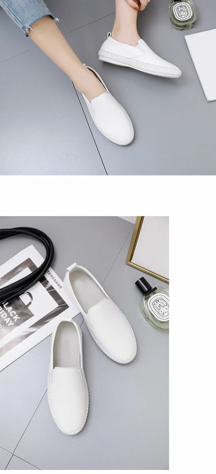 Women's shoes, white shoes, women's leather breathable lazy shoes, soft-soled Lok Fu shoes, women's flat-bottomed white leisure