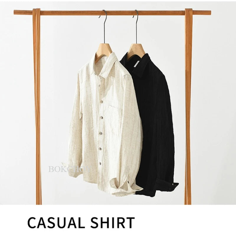 2025 Autumn New Big Pocket Striped Cotton and Linen Long Sleeve Shirt for Men Clothing Comfort Turn-down Collar Tops  CM7715