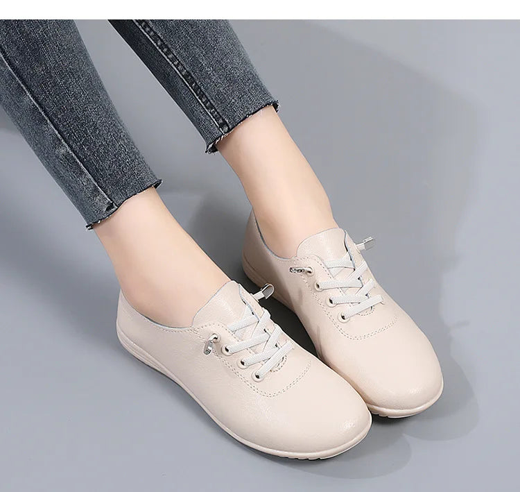WOIZGIC Female Ladies Women's Genuine Leather Flats Shoes Loafers Soft Moccasins Lace Up Comfortable