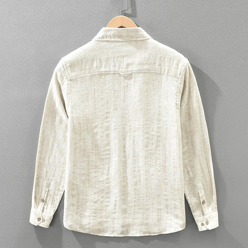 2025 Autumn New Big Pocket Striped Cotton and Linen Long Sleeve Shirt for Men Clothing Comfort Turn-down Collar Tops  CM7715