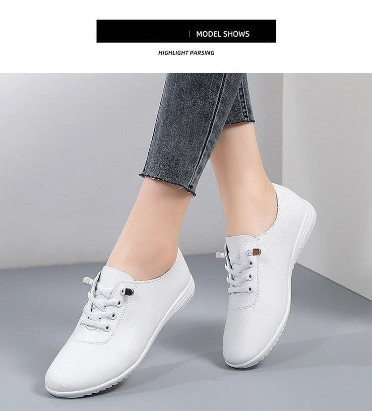 WOIZGIC Female Ladies Women's Genuine Leather Flats Shoes Loafers Soft Moccasins Lace Up Comfortable