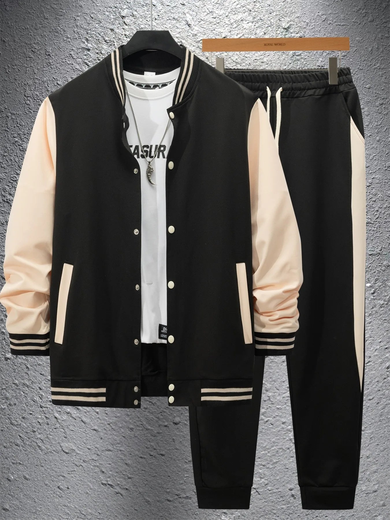Men's new autumn and winter baseball jacket casual and versatile cardigan coat and color-block sport pants set