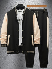 Men's new autumn and winter baseball jacket casual and versatile cardigan coat and color-block sport pants set