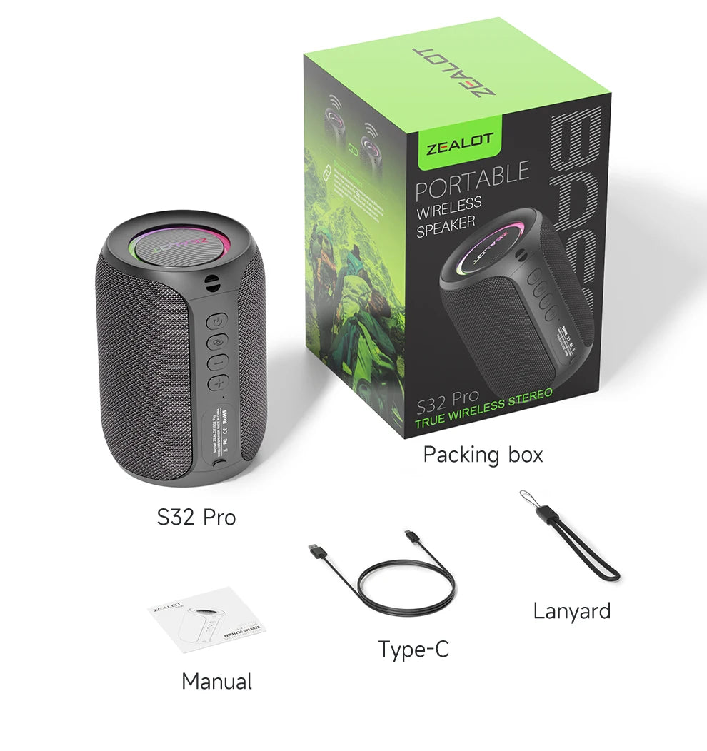 Zealot-S32PRO Powerful Bluetooth Speaker, Bass Wireless, LED Light, Outdoor Speakers, Subwoofer, Waterproof