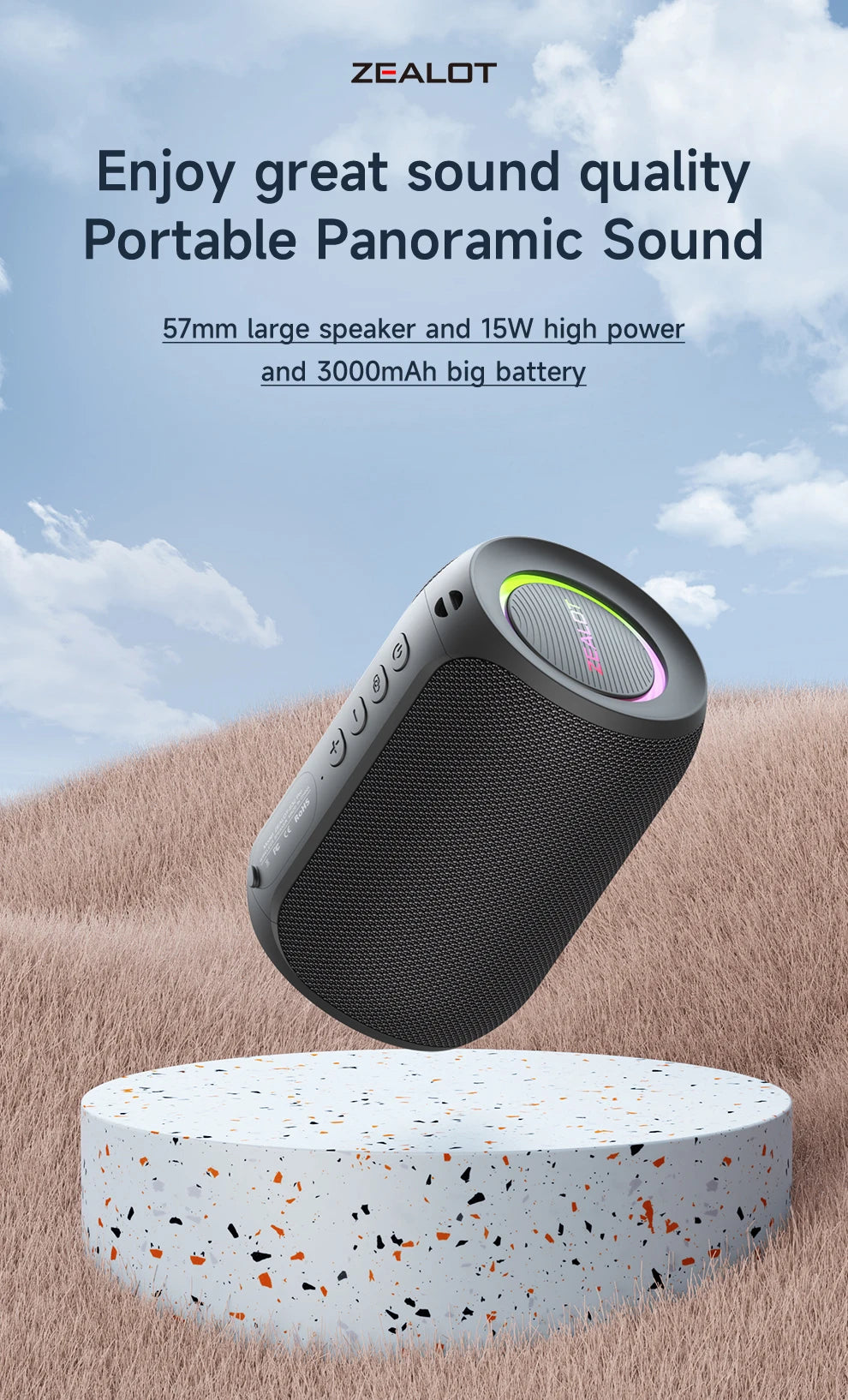 Zealot-S32PRO Powerful Bluetooth Speaker, Bass Wireless, LED Light, Outdoor Speakers, Subwoofer, Waterproof