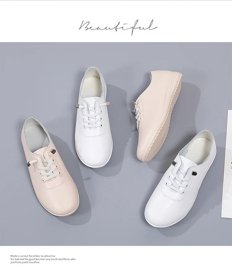 WOIZGIC Female Ladies Women's Genuine Leather Flats Shoes Loafers Soft Moccasins Lace Up Comfortable