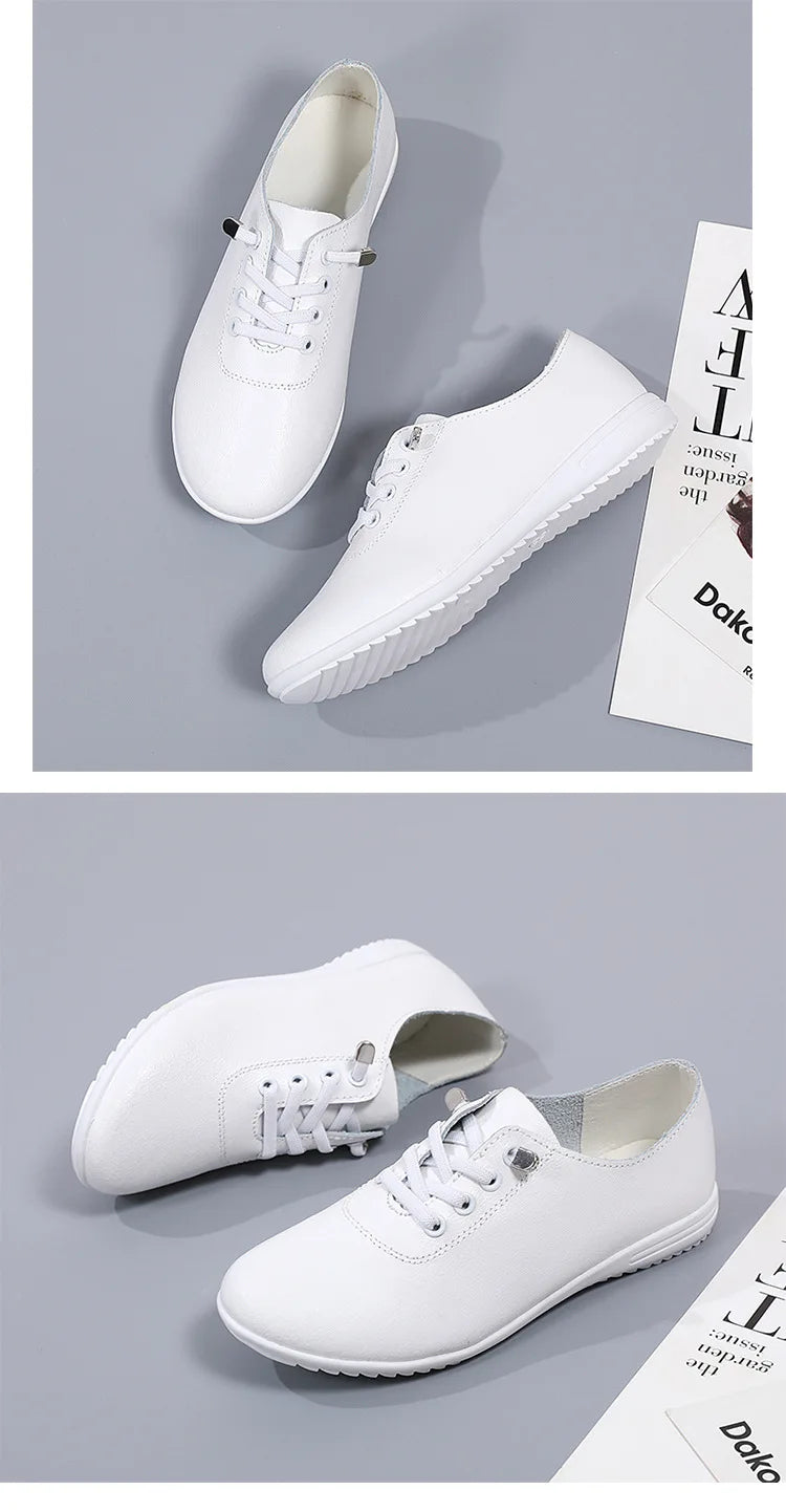 WOIZGIC Female Ladies Women's Genuine Leather Flats Shoes Loafers Soft Moccasins Lace Up Comfortable