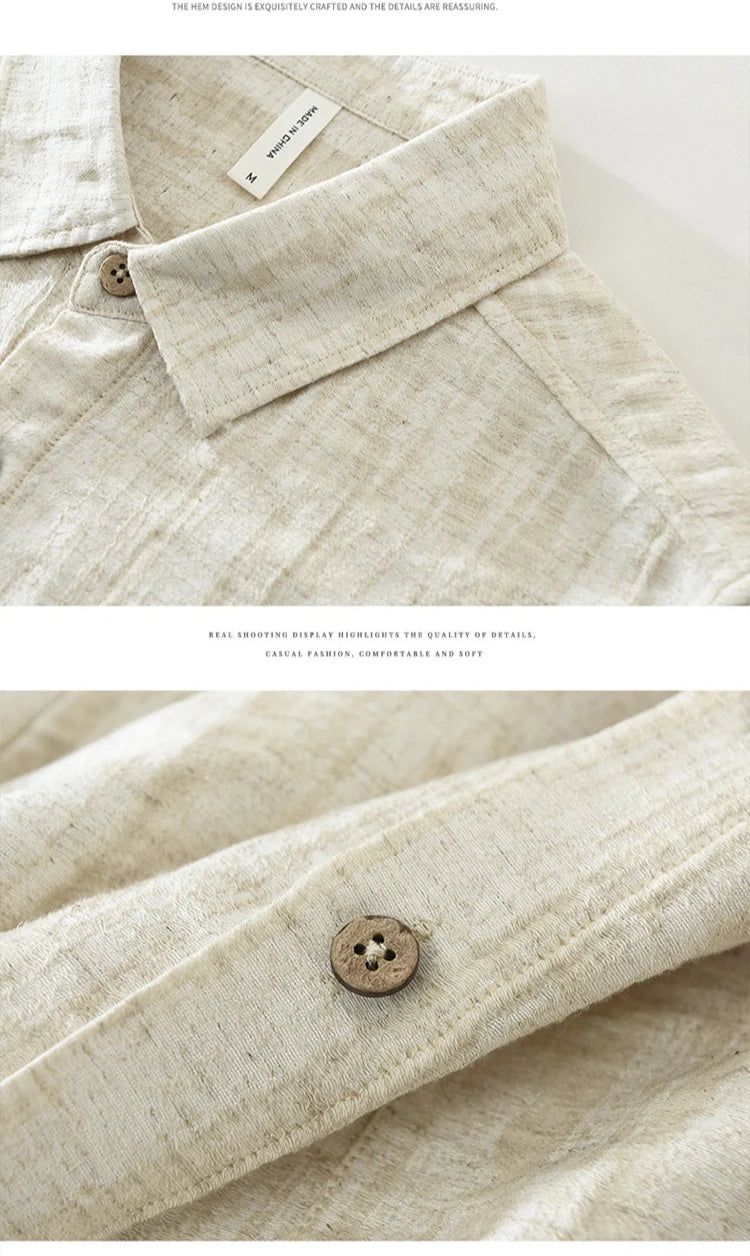 2025 Autumn New Big Pocket Striped Cotton and Linen Long Sleeve Shirt for Men Clothing Comfort Turn-down Collar Tops  CM7715