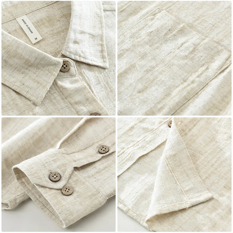 2025 Autumn New Big Pocket Striped Cotton and Linen Long Sleeve Shirt for Men Clothing Comfort Turn-down Collar Tops  CM7715