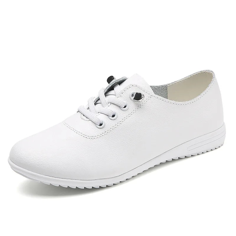 WOIZGIC Female Ladies Women's Genuine Leather Flats Shoes Loafers Soft Moccasins Lace Up Comfortable