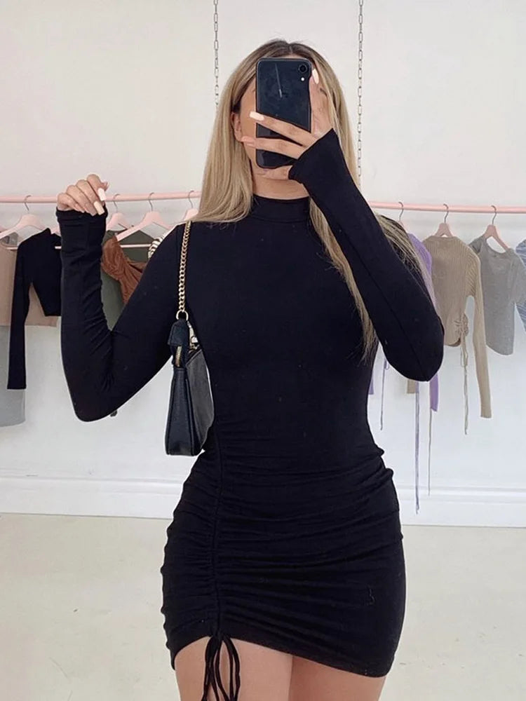 Long Sleeve Ruched Bodycon Dress Women Turtleneck Bandage Mini Dresses Autumn Black Skinny Stretchy Party Vestidos  best stomach exercises for women dresses clothing clothing store women clothing  wedding guest dresses plus size clothing  jeans jeans