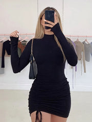 Long Sleeve Ruched Bodycon Dress Women Turtleneck Bandage Mini Dresses Autumn Black Skinny Stretchy Party Vestidos  best stomach exercises for women dresses clothing clothing store women clothing  wedding guest dresses plus size clothing  jeans jeans