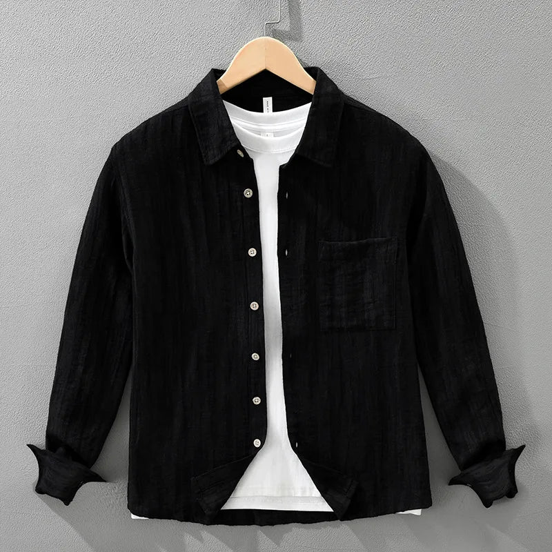 2025 Autumn New Big Pocket Striped Cotton and Linen Long Sleeve Shirt for Men Clothing Comfort Turn-down Collar Tops  CM7715