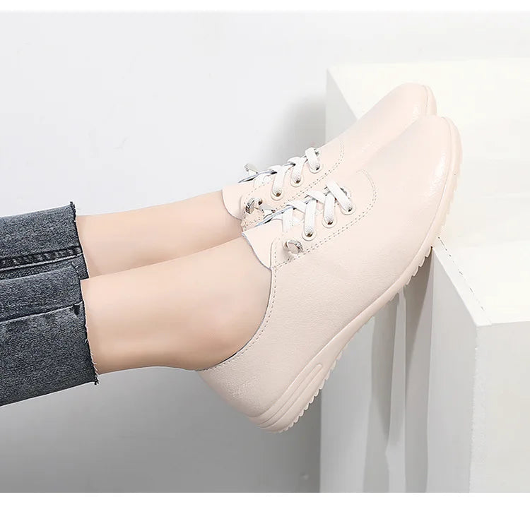 WOIZGIC Female Ladies Women's Genuine Leather Flats Shoes Loafers Soft Moccasins Lace Up Comfortable
