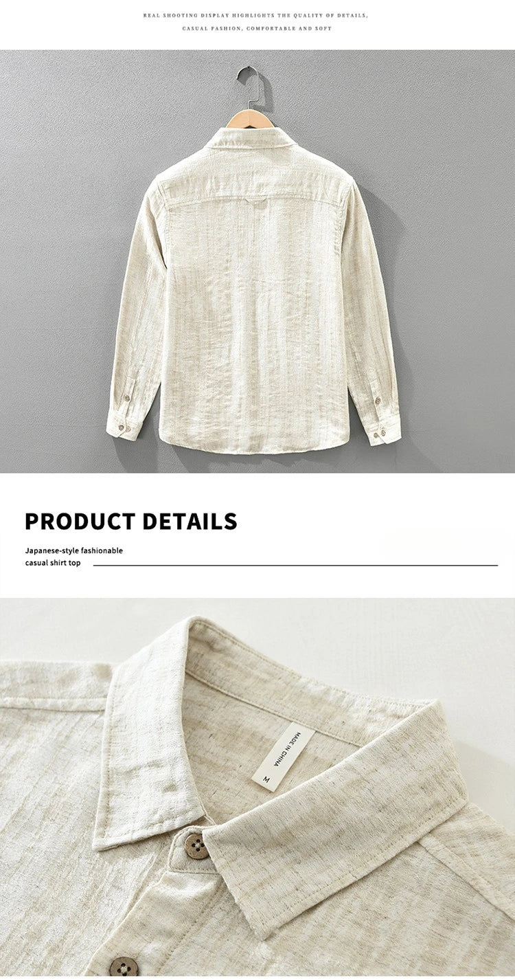 2025 Autumn New Big Pocket Striped Cotton and Linen Long Sleeve Shirt for Men Clothing Comfort Turn-down Collar Tops  CM7715