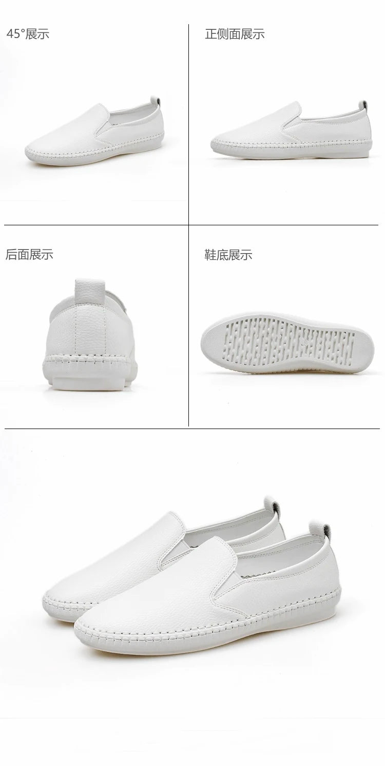 Women's shoes, white shoes, women's leather breathable lazy shoes, soft-soled Lok Fu shoes, women's flat-bottomed white leisure