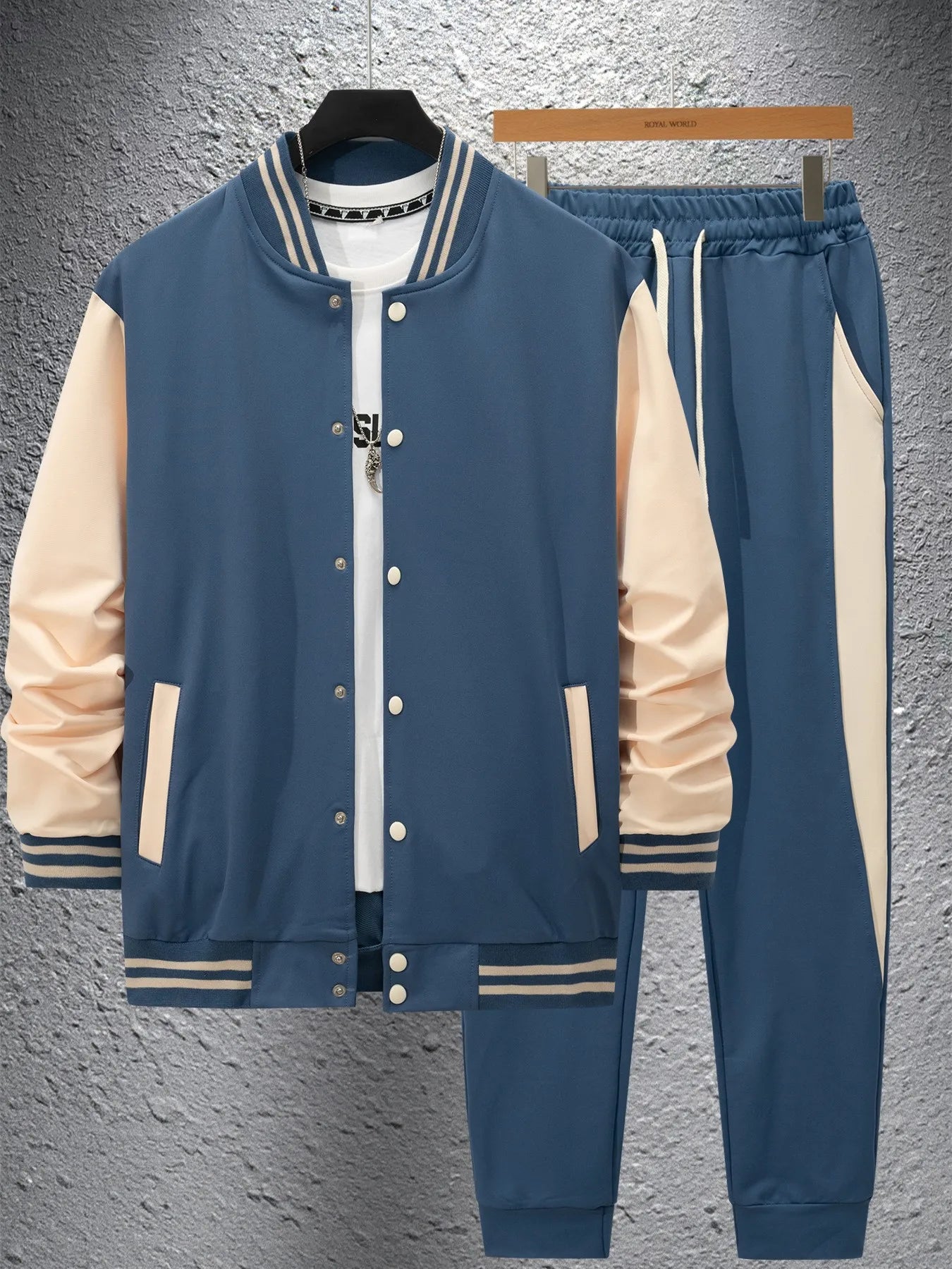 Men's new autumn and winter baseball jacket casual and versatile cardigan coat and color-block sport pants set