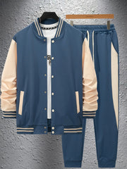 Men's new autumn and winter baseball jacket casual and versatile cardigan coat and color-block sport pants set