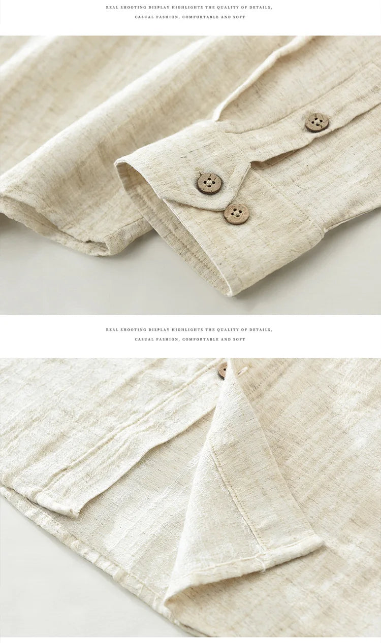 2025 Autumn New Big Pocket Striped Cotton and Linen Long Sleeve Shirt for Men Clothing Comfort Turn-down Collar Tops  CM7715