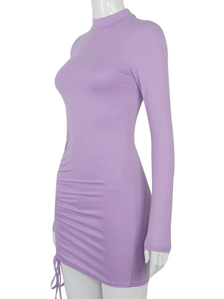 Long Sleeve Ruched Bodycon Dress Women Turtleneck Bandage Mini Dresses Autumn Black Skinny Stretchy Party Vestidos  best stomach exercises for women dresses clothing clothing store women clothing  wedding guest dresses plus size clothing  jeans jeans