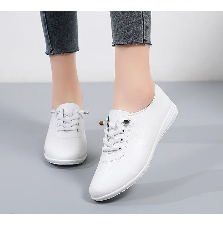 WOIZGIC Female Ladies Women's Genuine Leather Flats Shoes Loafers Soft Moccasins Lace Up Comfortable