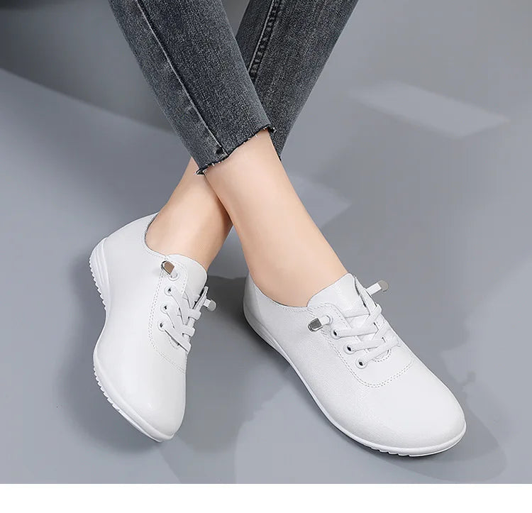 WOIZGIC Female Ladies Women's Genuine Leather Flats Shoes Loafers Soft Moccasins Lace Up Comfortable