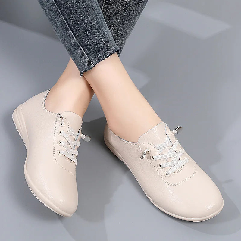WOIZGIC Female Ladies Women's Genuine Leather Flats Shoes Loafers Soft Moccasins Lace Up Comfortable
