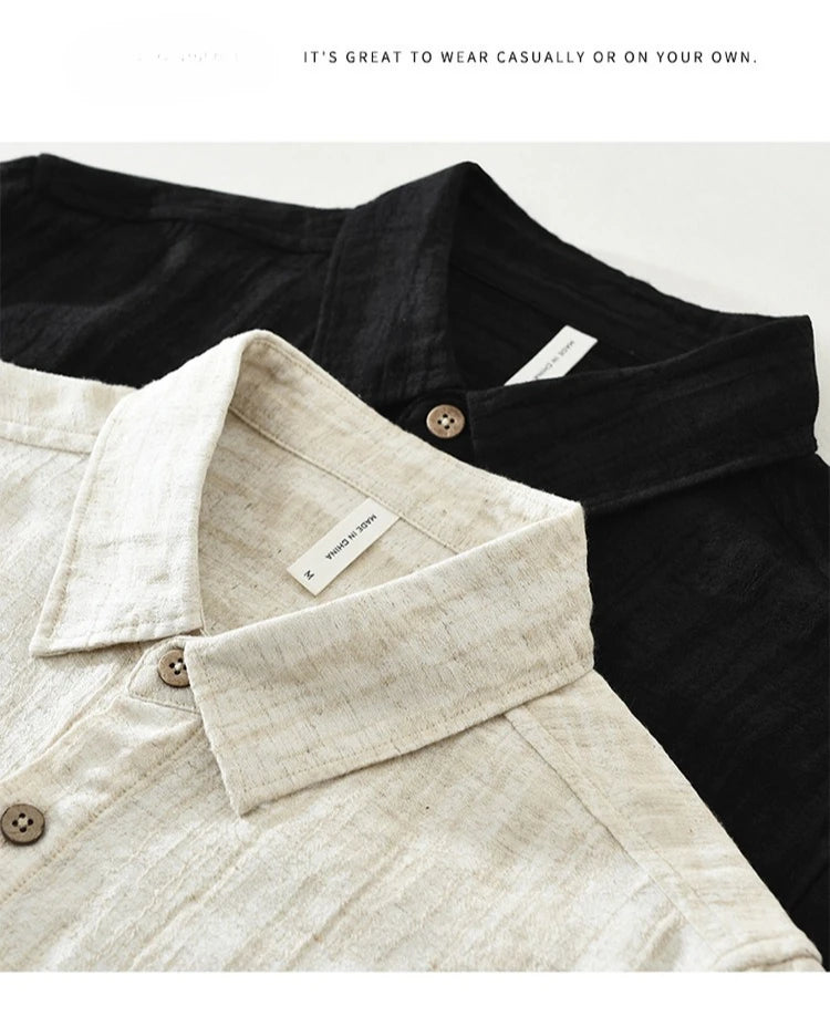 2025 Autumn New Big Pocket Striped Cotton and Linen Long Sleeve Shirt for Men Clothing Comfort Turn-down Collar Tops  CM7715