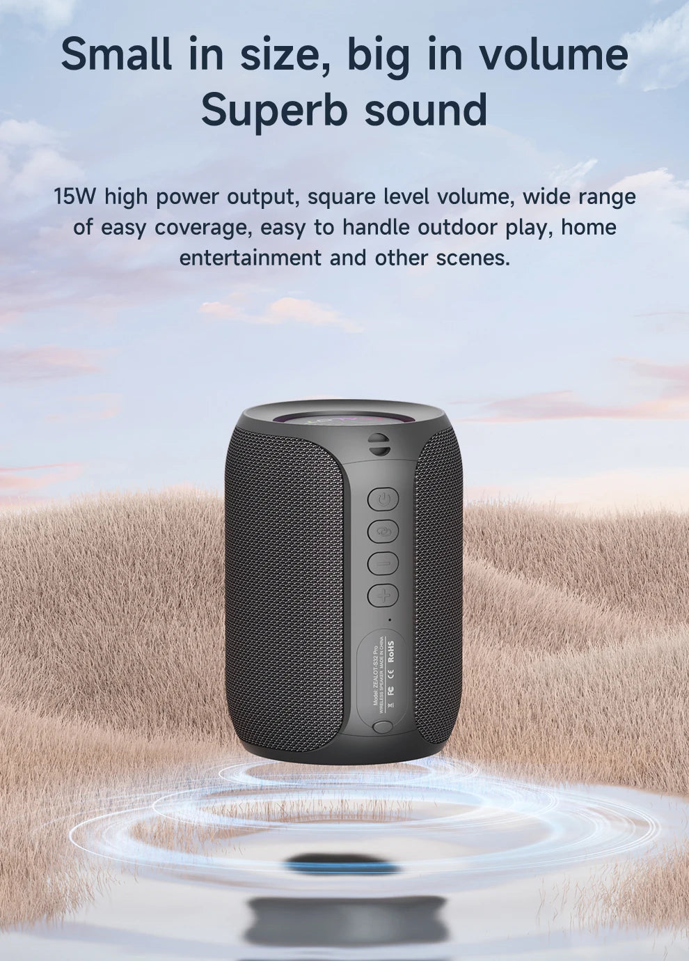 Zealot-S32PRO Powerful Bluetooth Speaker, Bass Wireless, LED Light, Outdoor Speakers, Subwoofer, Waterproof