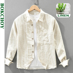 2025 Autumn New Big Pocket Striped Cotton and Linen Long Sleeve Shirt for Men Clothing Comfort Turn-down Collar Tops  CM7715