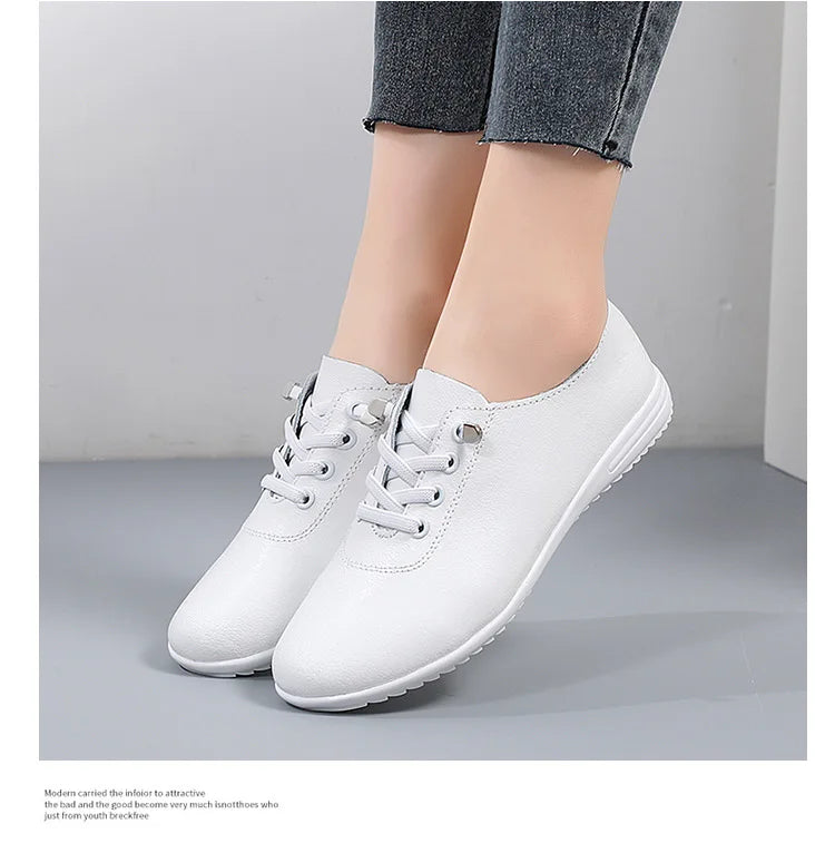 WOIZGIC Female Ladies Women's Genuine Leather Flats Shoes Loafers Soft Moccasins Lace Up Comfortable