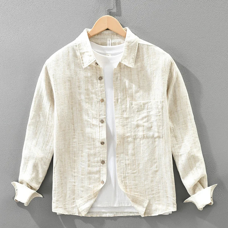 2025 Autumn New Big Pocket Striped Cotton and Linen Long Sleeve Shirt for Men Clothing Comfort Turn-down Collar Tops  CM7715
