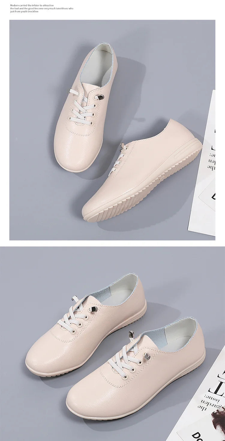 WOIZGIC Female Ladies Women's Genuine Leather Flats Shoes Loafers Soft Moccasins Lace Up Comfortable