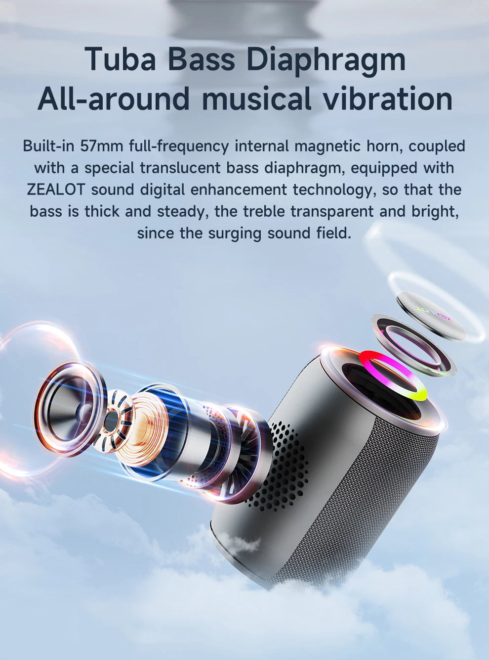 Zealot-S32PRO Powerful Bluetooth Speaker, Bass Wireless, LED Light, Outdoor Speakers, Subwoofer, Waterproof
