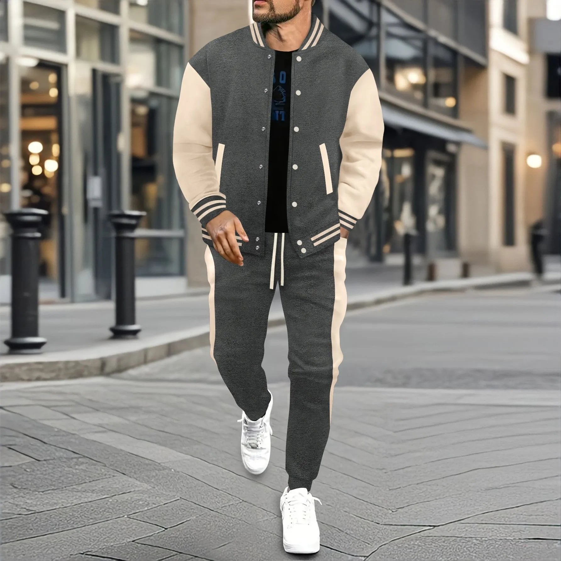 Men's new autumn and winter baseball jacket casual and versatile cardigan coat and color-block sport pants set