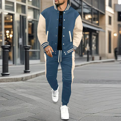 Men's new autumn and winter baseball jacket casual and versatile cardigan coat and color-block sport pants set