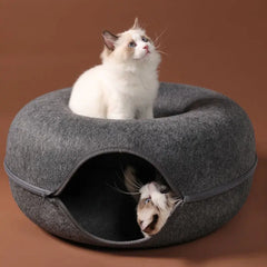 “Premium Grey Felt Donut Cat Bed & Cave – Enclosed Cat Sleep Pod