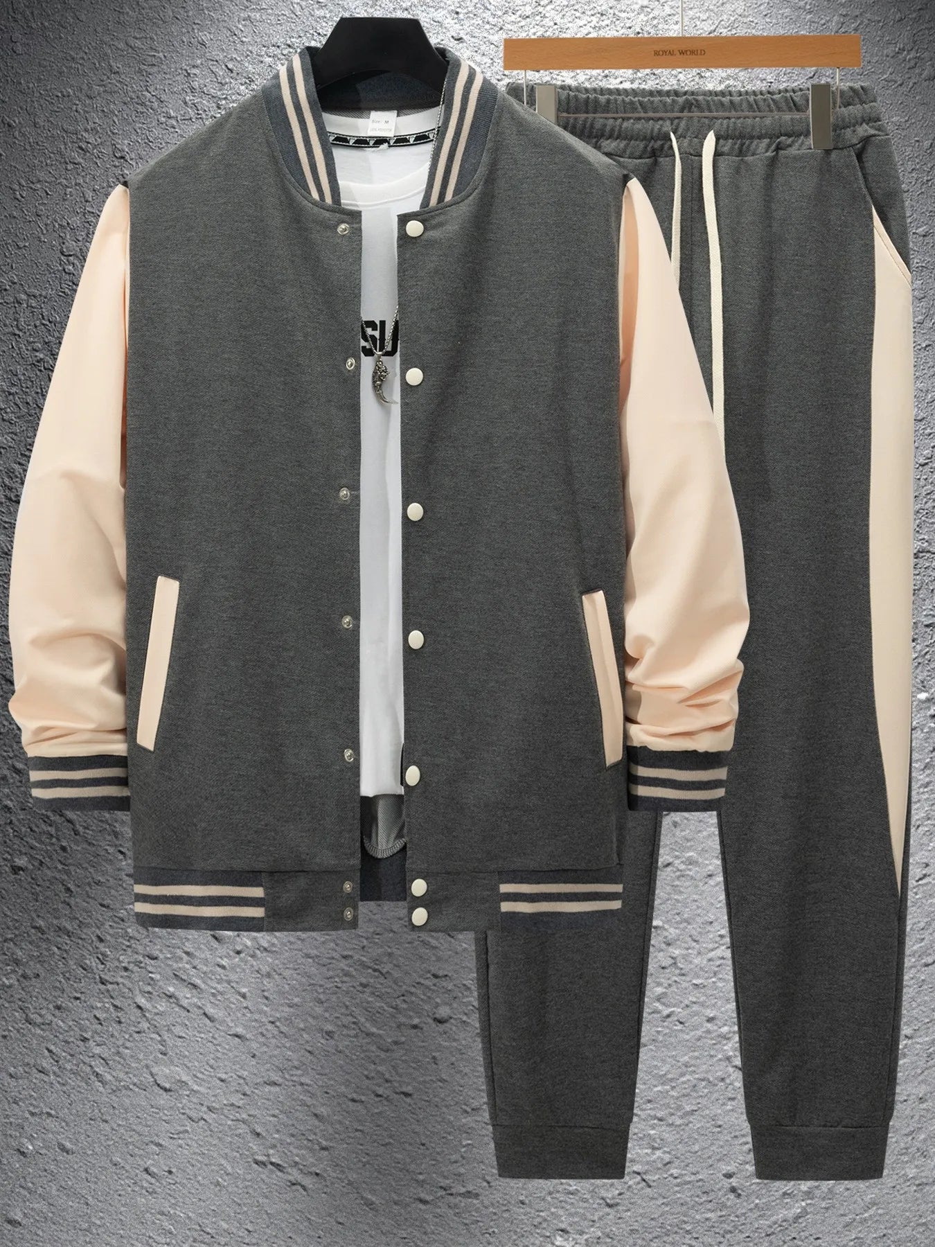 Men's new autumn and winter baseball jacket casual and versatile cardigan coat and color-block sport pants set