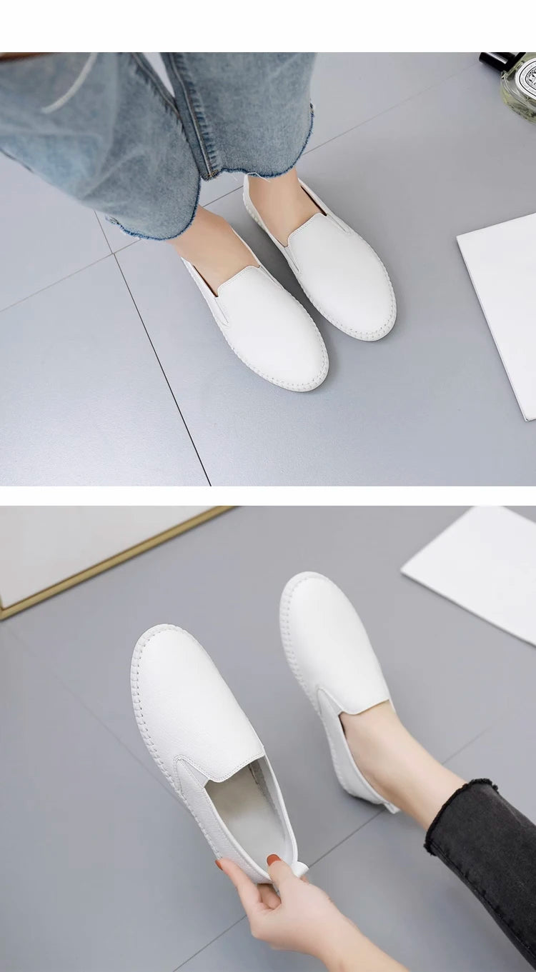 Women's shoes, white shoes, women's leather breathable lazy shoes, soft-soled Lok Fu shoes, women's flat-bottomed white leisure